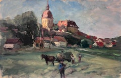 Antique French Oil Painting Farmers and Horses in A Field To The Town