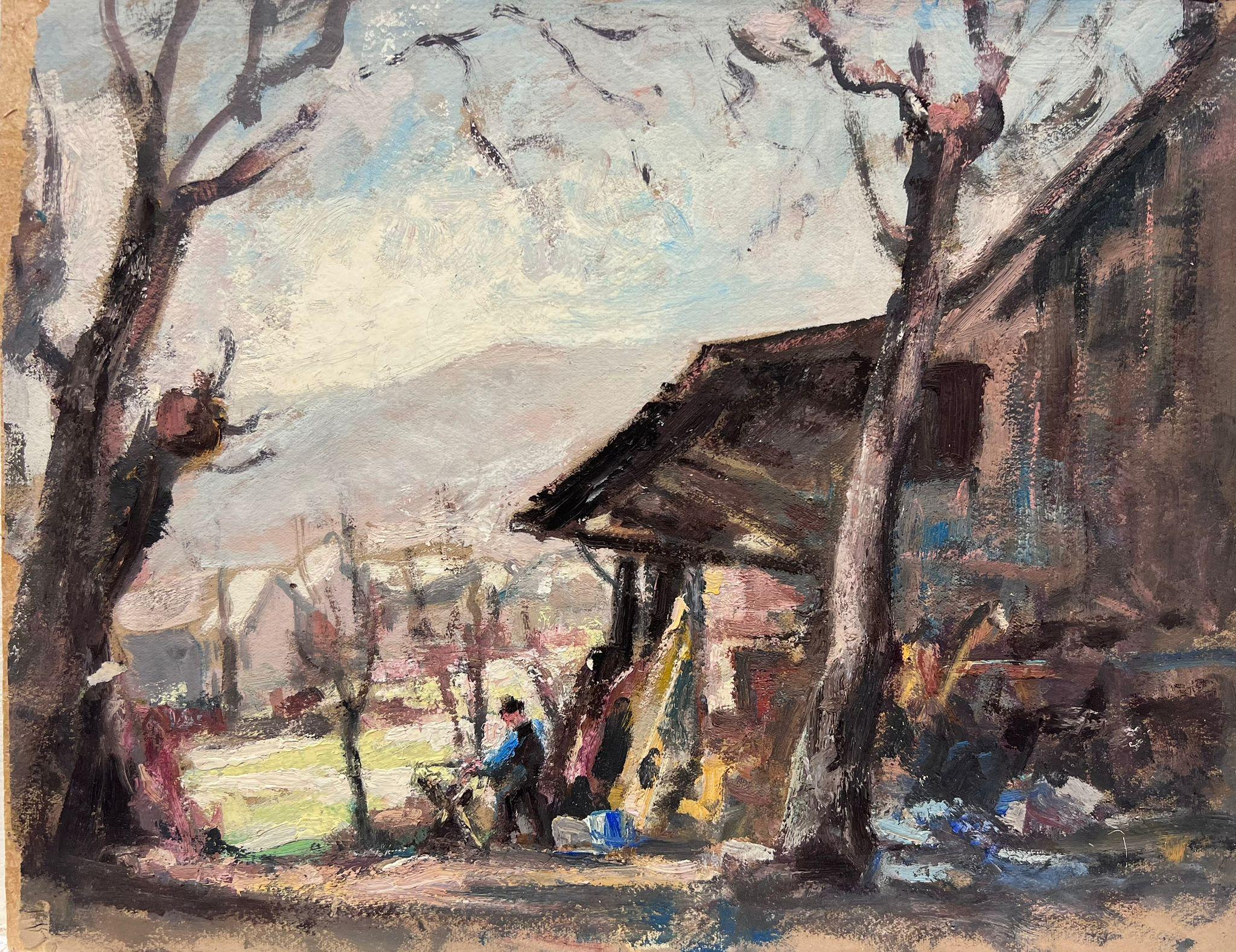 Landscape Painting Leon Hatot - Peinture à l'huile française vintage - Figure en train de choisir du bois dans une cabane dans les montagnes