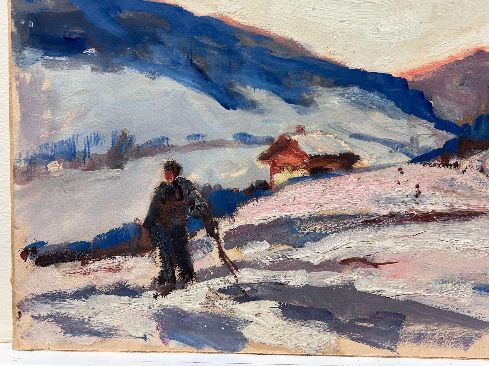 Pittura a olio francese d'epoca Figura che cammina lungo le Alpi francesi innevate - Painting di Leon Hatot