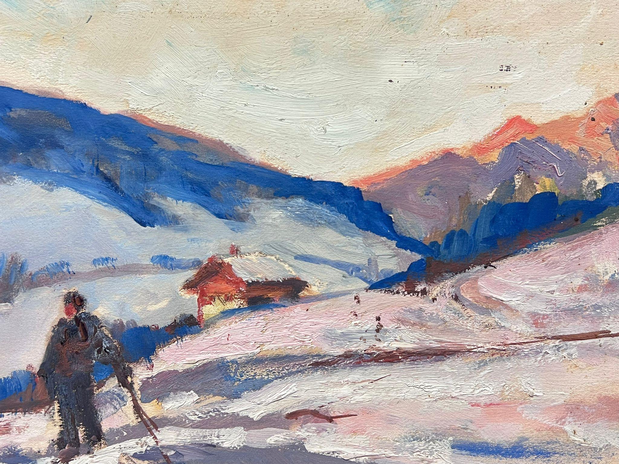Vintage Französisch Ölgemälde Figur Wandern unten die verschneiten französischen Alpen (Impressionismus), Painting, von Leon Hatot