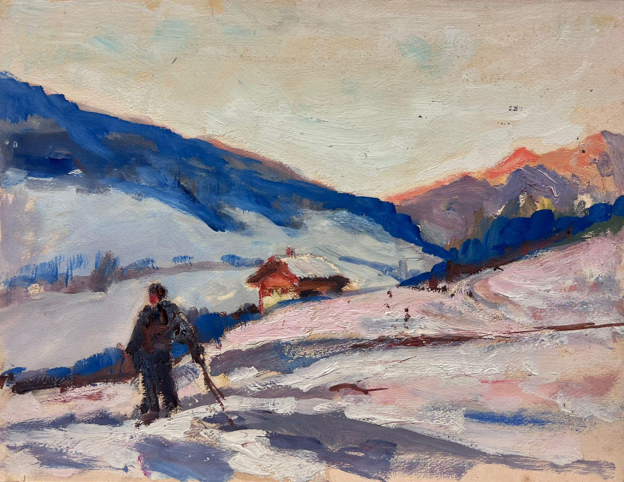 Landscape Painting di Leon Hatot - Pittura a olio francese d'epoca Figura che cammina lungo le Alpi francesi innevate