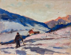 Peinture à l'huile française ancienne représentant une randonnée dans les Alpes françaises enneigées