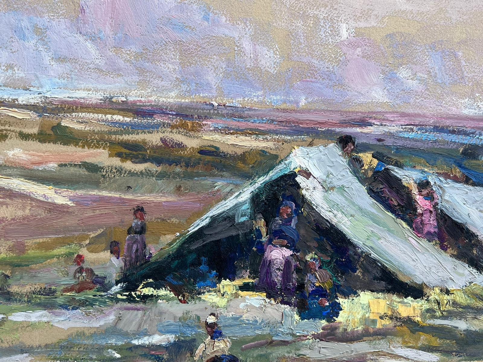 Vintage French Oil Painting Figures Camping In Tipees For Sale 1