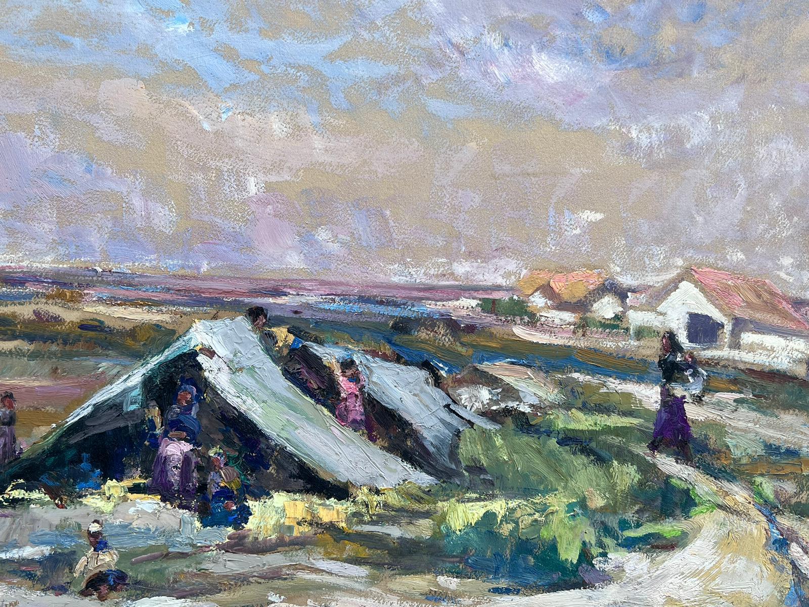 Vintage French Oil Painting Figures Camping In Tipees For Sale 2