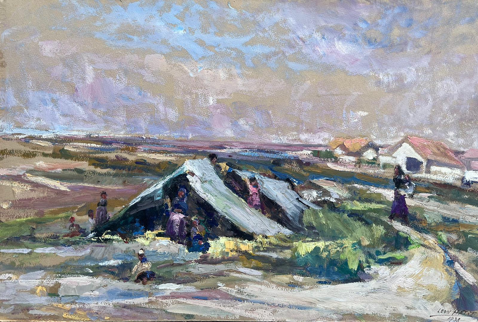 Leon Hatot Animal Painting - Vintage French Oil Painting Figures Camping In Tipees