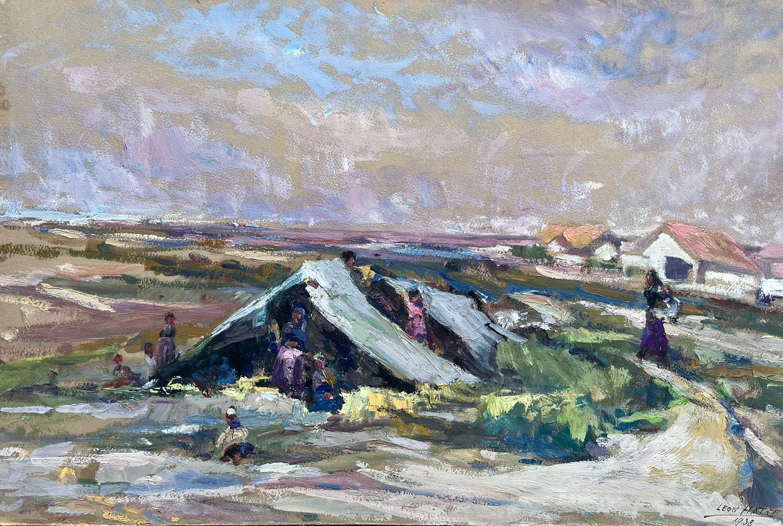 Leon Hatot Landscape Painting - Vintage French Oil Painting Figures Camping In Tipees