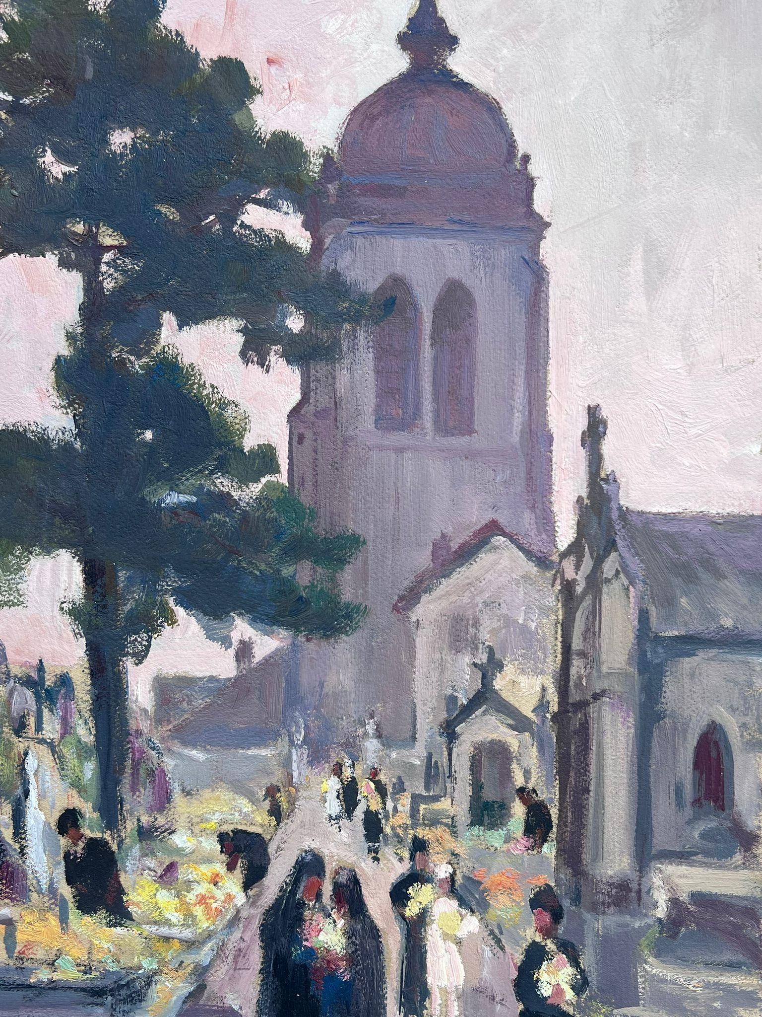 Vintage French Oil Painting Figures Carrying Flowers From The Church - Gray Figurative Painting by Leon Hatot