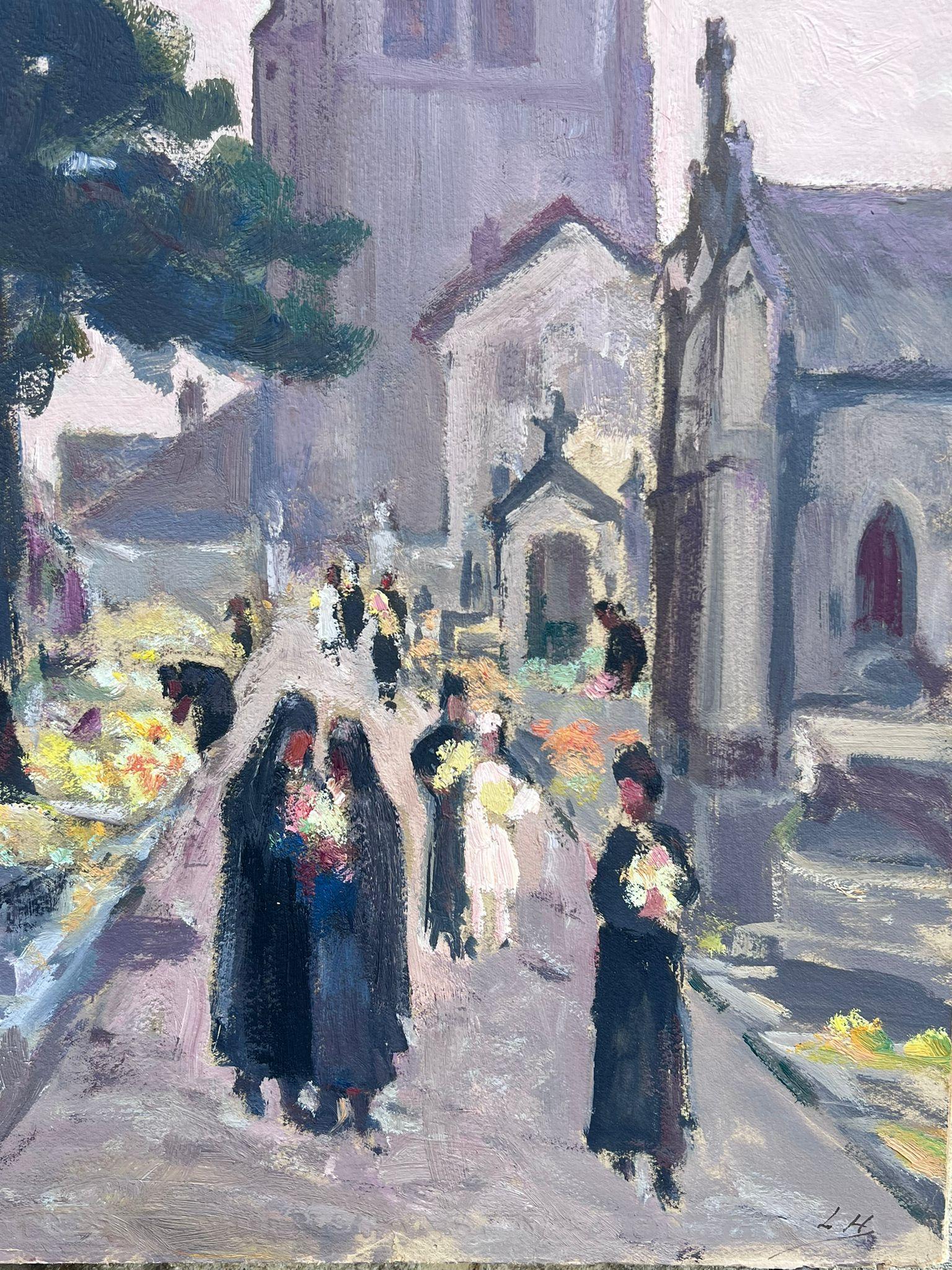 Vintage French Oil Painting Figures Carrying Flowers From The Church For Sale 2