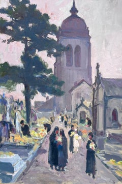 Peinture à l'huile française ancienne - Figures transportant des fleurs d'une église