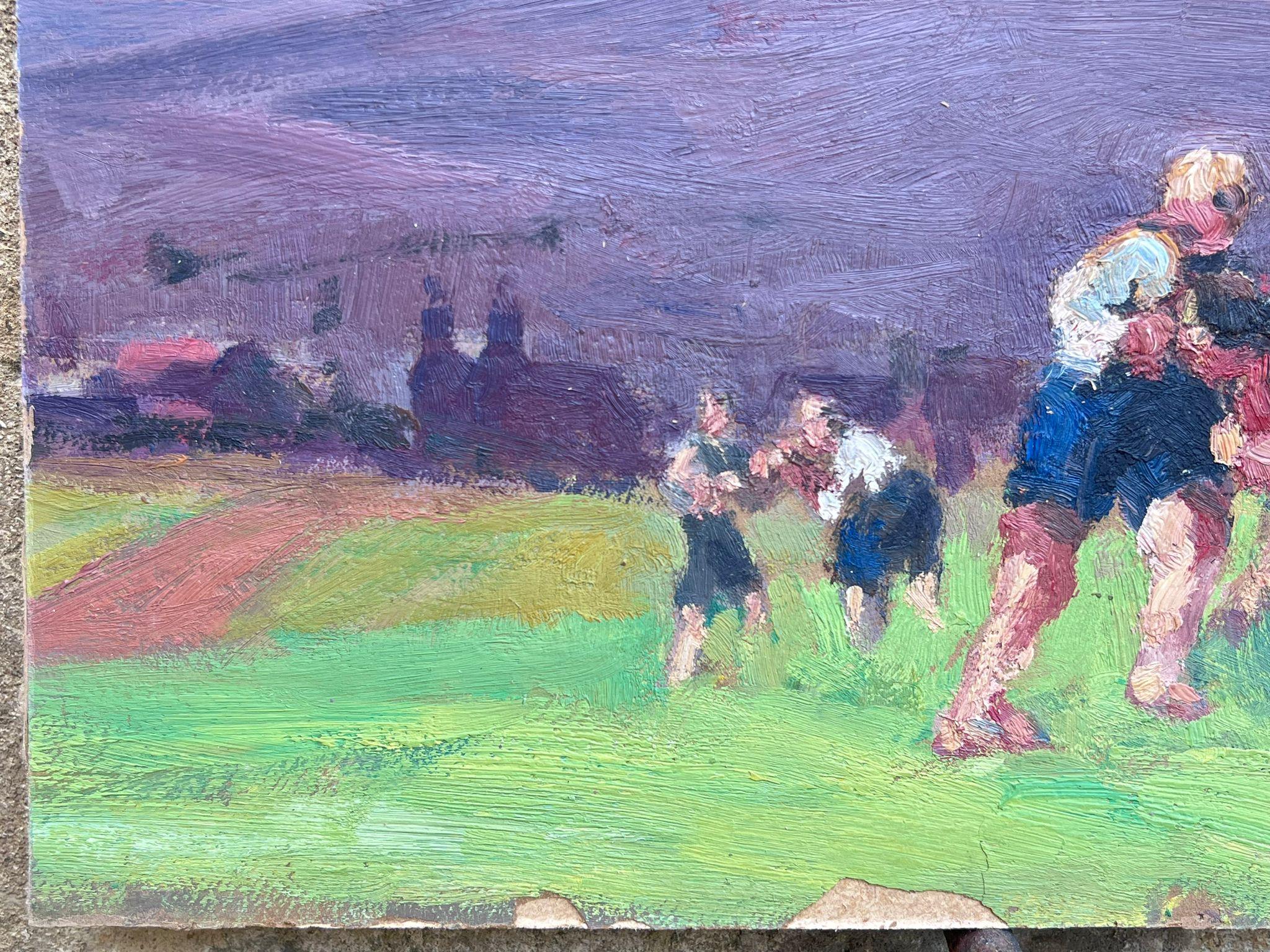 Vintage French Oil Painting Figures Playing Rugby In Vibrant Green Field For Sale 1