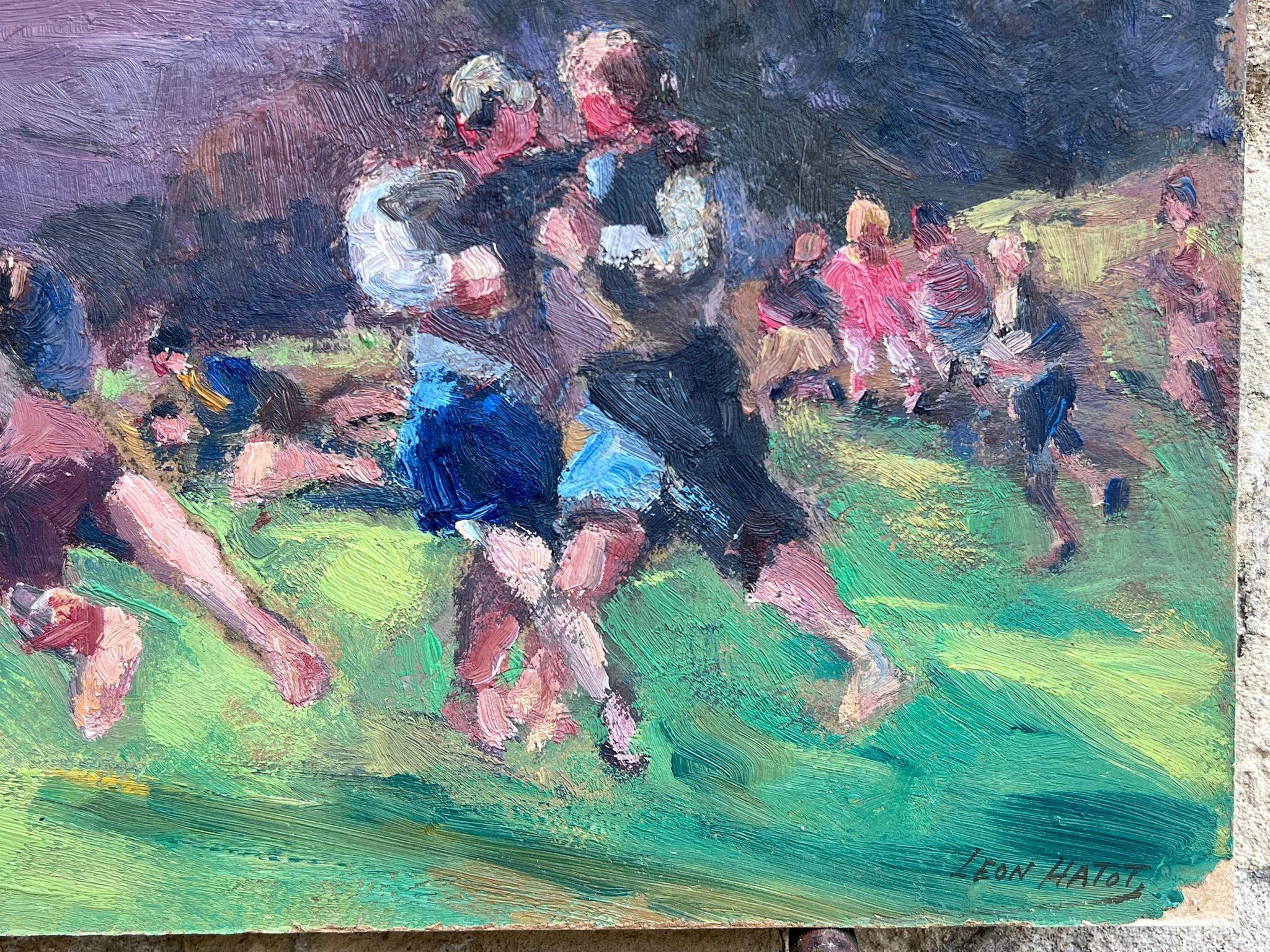 Vintage French Oil Painting Figures Playing Rugby In Vibrant Green Field For Sale 2