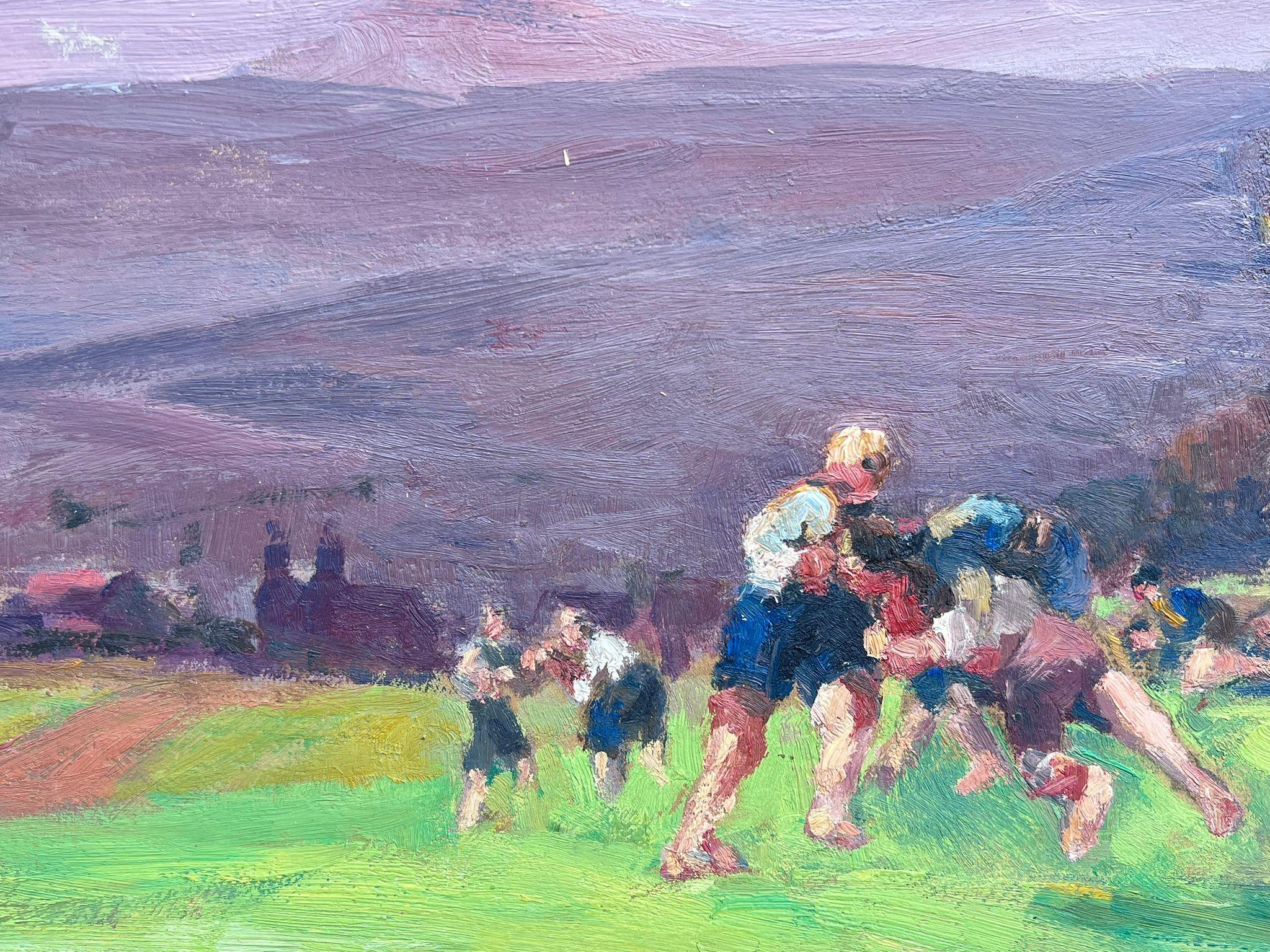 Vintage French Oil Painting Figures Playing Rugby In Vibrant Green Field For Sale 3