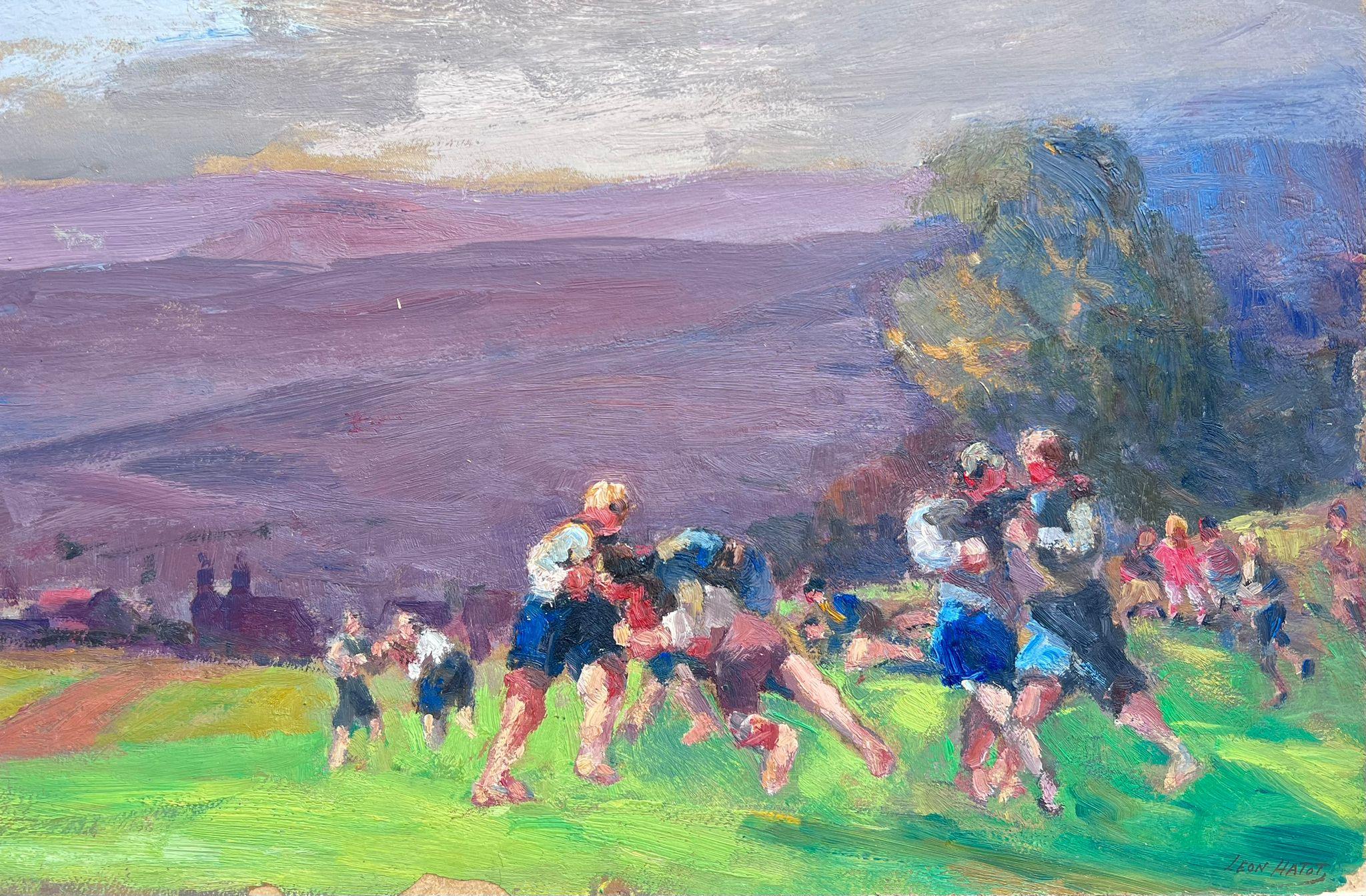 Leon Hatot Landscape Painting - Vintage French Oil Painting Figures Playing Rugby In Vibrant Green Field
