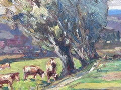 Vintage French Oil Painting Cows Munching On Grass Under Windswept Tree