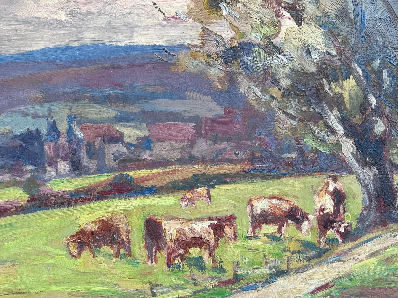 Vintage French Oil Painting Cows Munching On Grass Under Windswept Tree For Sale 1