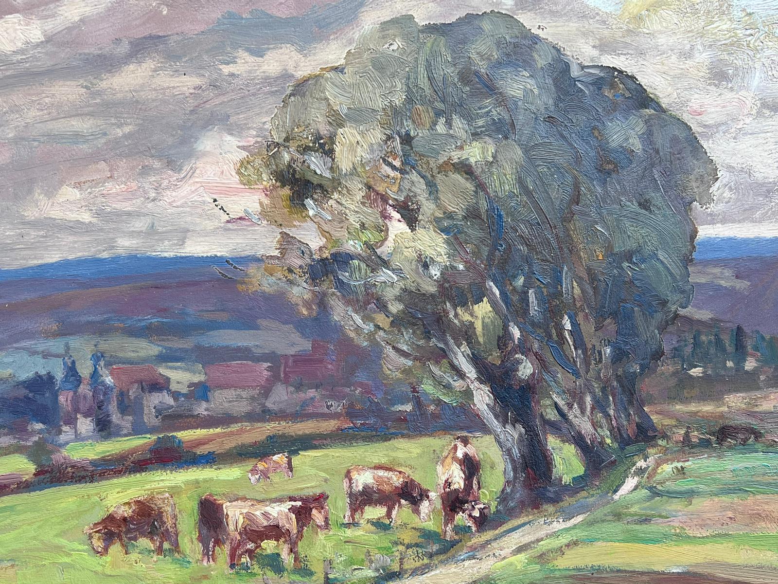 Vintage French Oil Painting Cows Munching On Grass Under Windswept Tree For Sale 3