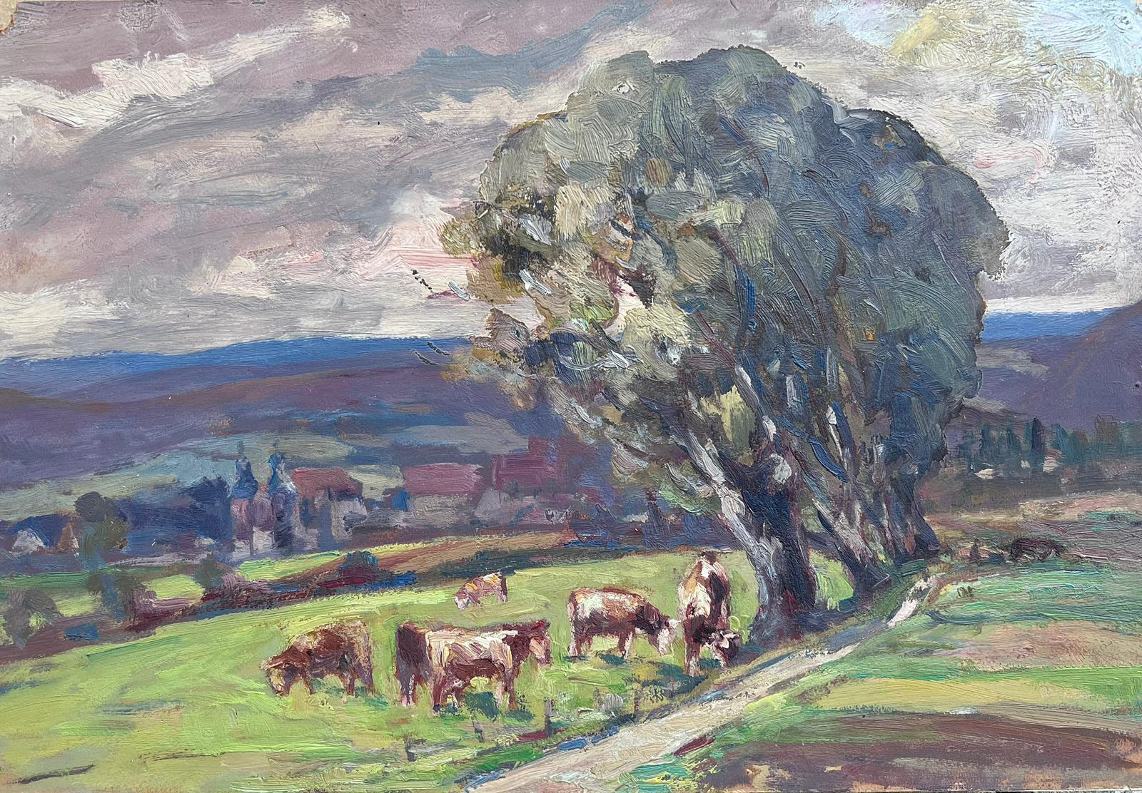 Leon Hatot Landscape Painting - Vintage French Oil Painting Cows Munching On Grass Under Windswept Tree