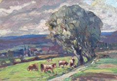 Peinture à l'huile française vintage Vaches mangeant de l'herbe sous un arbre balayé par le vent