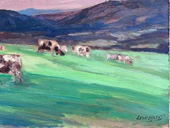 Vintage French Oil Painting Dotted Cows Munching On Vibrant Green Grass