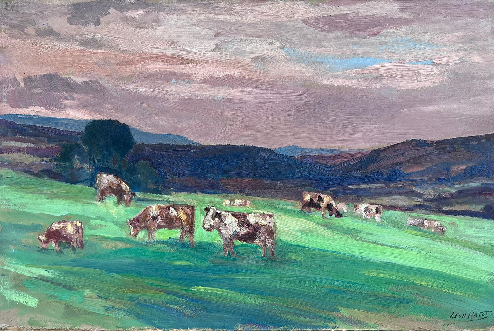 Leon Hatot Landscape Painting - Vintage French Oil Painting Dotted Cows Munching On Vibrant Green Grass