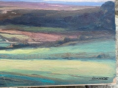 Vintage French Oil Painting Green and Brown Layered Hill Landscape