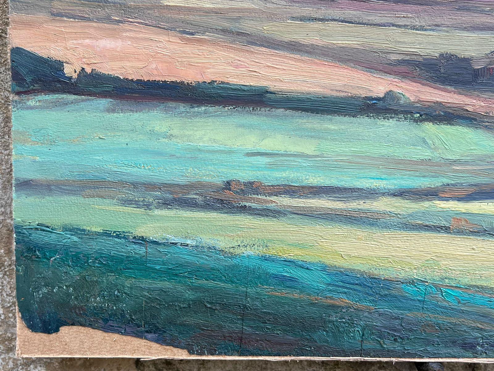 Peinture à l'huile française d'époque, paysage de colline en couches vertes et brunes - Impressionnisme Painting par Leon Hatot