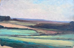 Peinture à l'huile française d'époque, paysage de colline en couches vertes et brunes