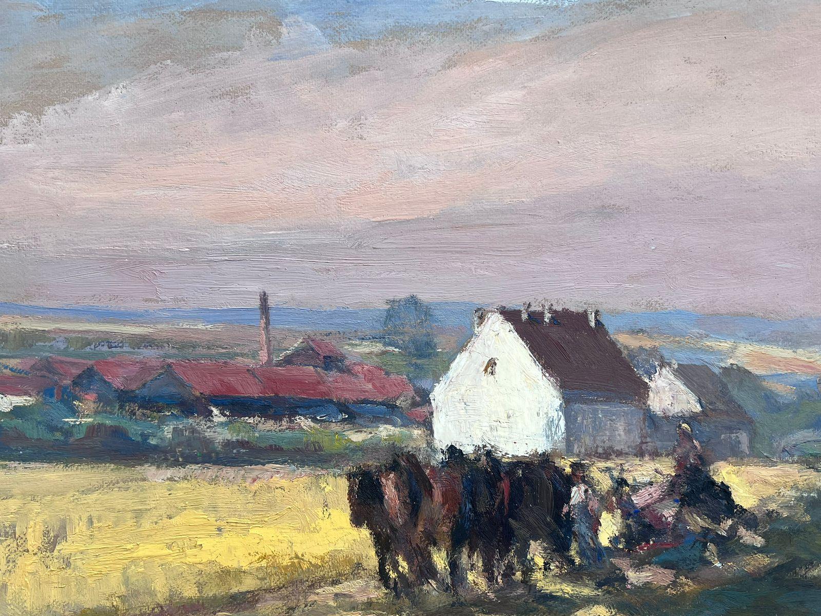 Französisches Vintage-Ölgemälde, Pferd und Rollwagen, durchstöbern, von Corn Field – Painting von Leon Hatot