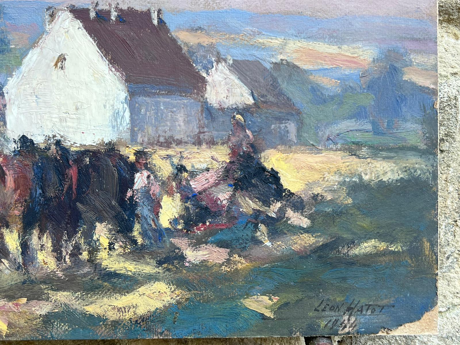 Peinture à l'huile française d'époque Cheval et charrette au trot dans un champ de maïs - Impressionnisme Painting par Leon Hatot
