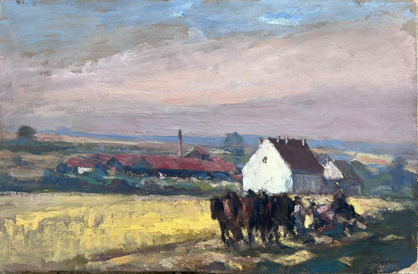 Leon Hatot Landscape Painting – Französisches Vintage-Ölgemälde, Pferd und Rollwagen, durchstöbern, von Corn Field