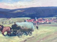 Vintage French Oil Painting Horse Pulling Fresh Green Hay On Cart
