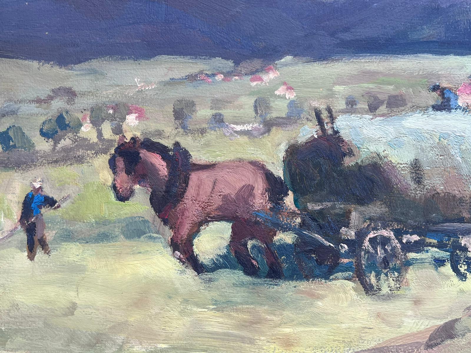 Vintage French Oil Painting Horse Pulling Fresh Green Hay On Cart For Sale 2