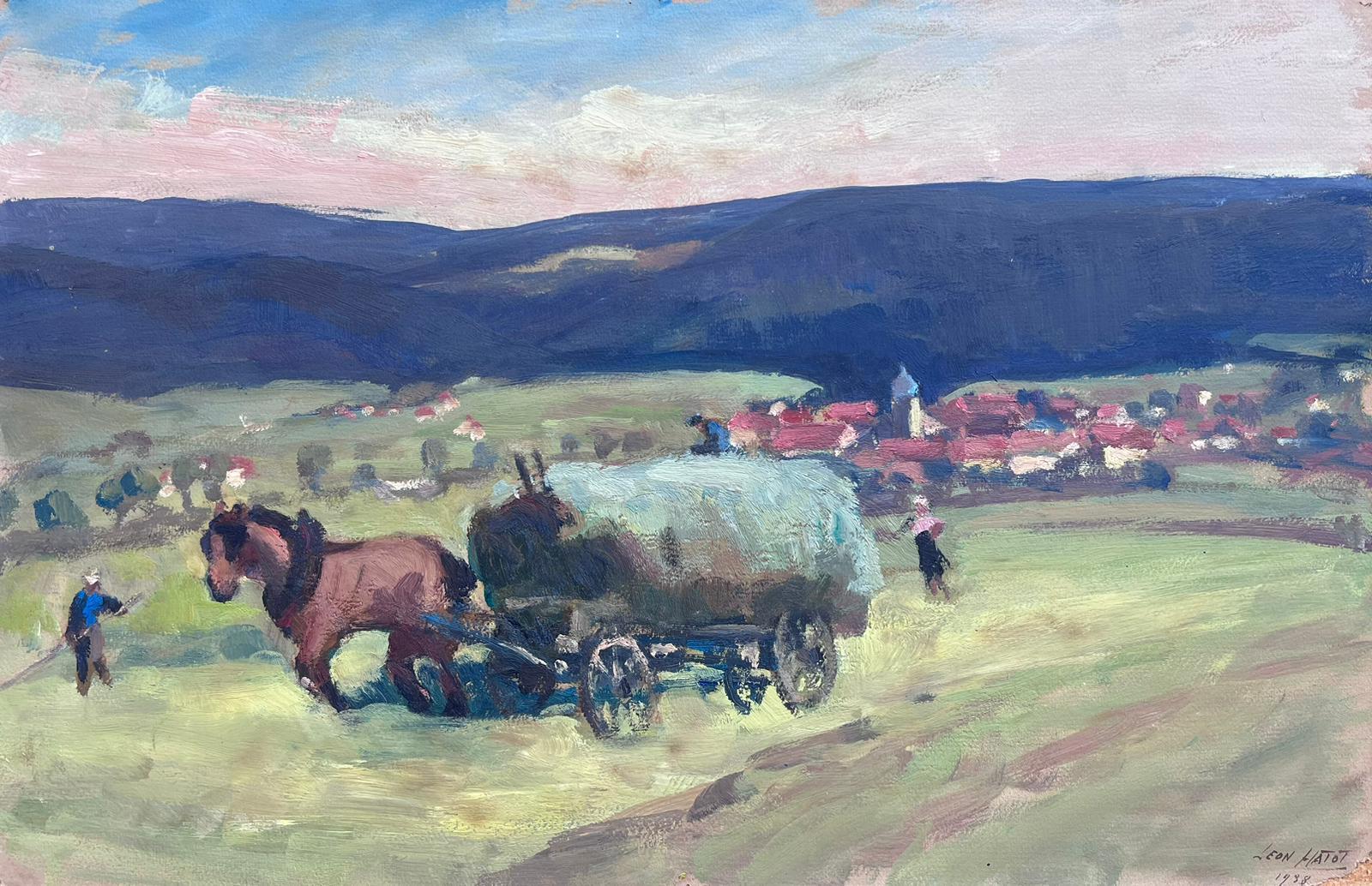 Leon Hatot Landscape Painting - Vintage French Oil Painting Horse Pulling Fresh Green Hay On Cart