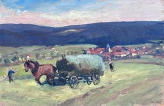 Vintage French Oil Painting Horse Pulling Fresh Green Hay On Cart