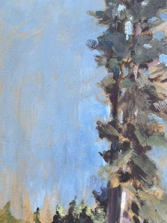 Vintage French Oil Painting Tall Sequoias Tree In Blue Skies