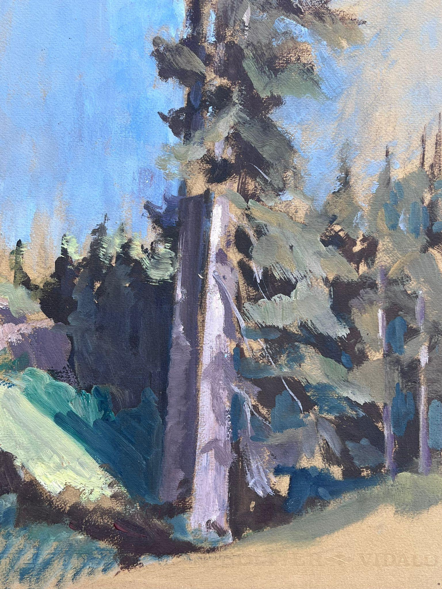 Vintage French Oil Painting Tall Sequoias Tree In Blue Skies  For Sale 1
