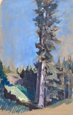 Vintage French Oil Painting Tall Sequoias Tree In Blue Skies