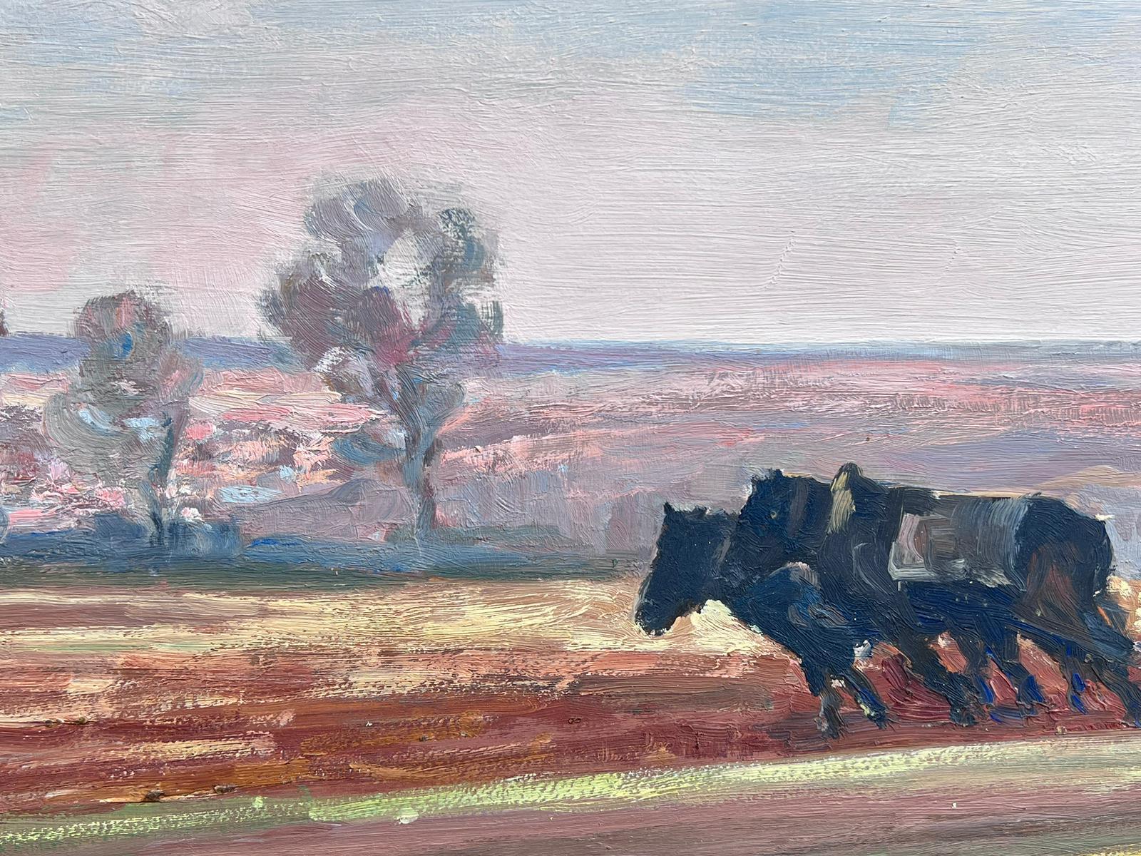 Vintage French Oil Painting Two Black Horses Pulling A Roller   For Sale 1