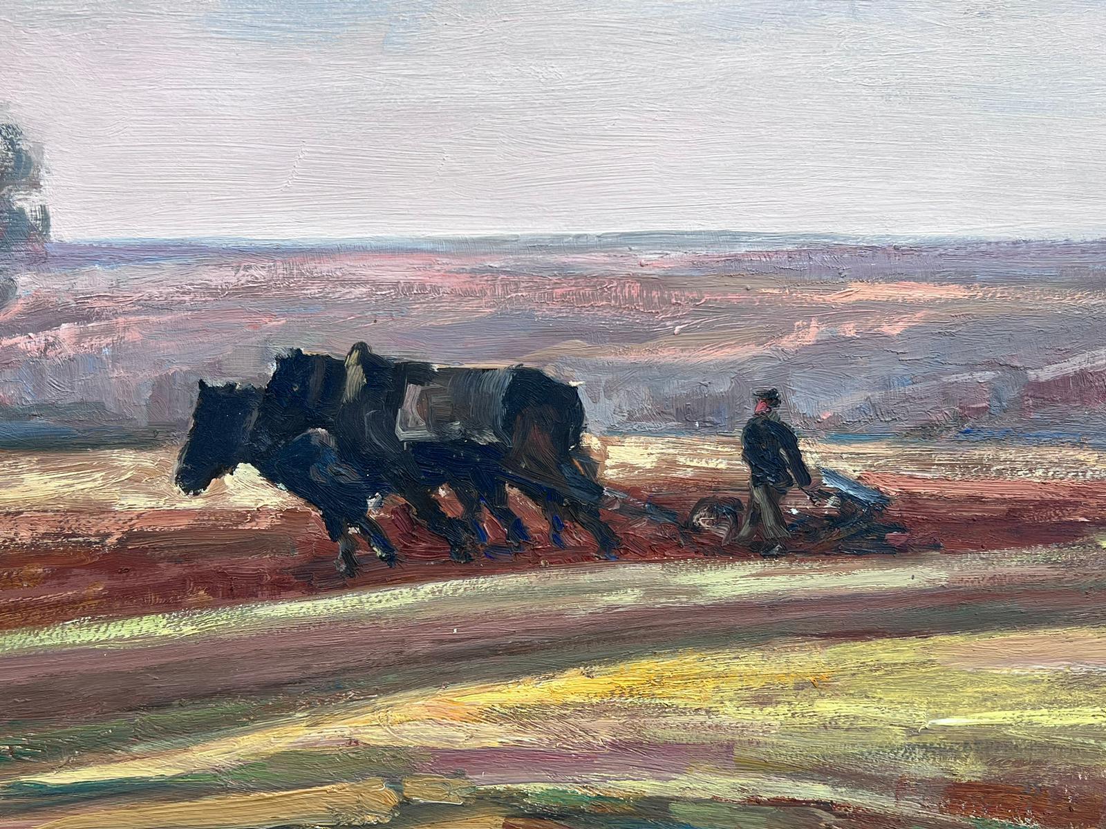 Vintage French Oil Painting Two Black Horses Pulling A Roller   For Sale 2