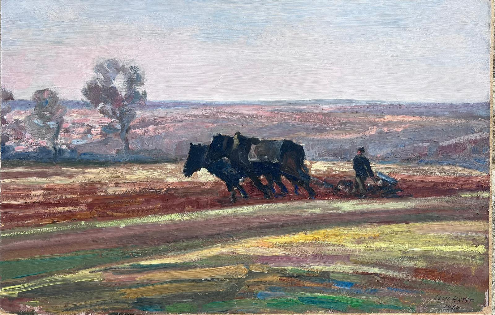 Leon Hatot Landscape Painting - Vintage French Oil Painting Two Black Horses Pulling A Roller  