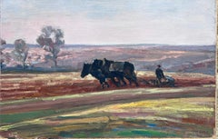 Vintage French Oil Painting Two Black Horses Pulling A Roller  