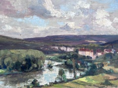 Vintage French Oil Painting Wide Landscape Of Lake Flowing Along The Town