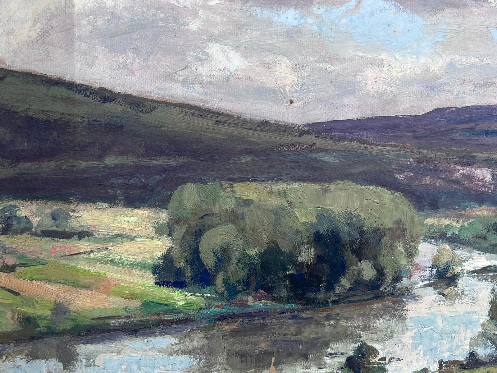 Französisches Vintage-Ölgemälde, breite Landschaft eines Sees, der schwebend in der Stadt (Grau), Landscape Painting, von Leon Hatot