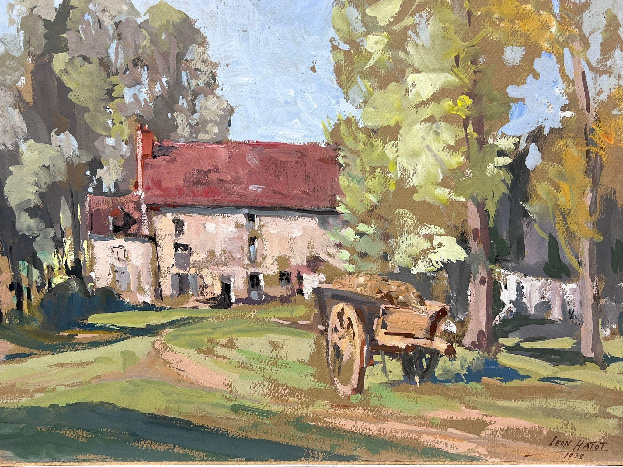 Peinture à l'huile française vintage HAY Kart Outside Country Home - Painting de Leon Hatot