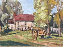 Vintage French Oil Painting Hay Kart Outside Country Home