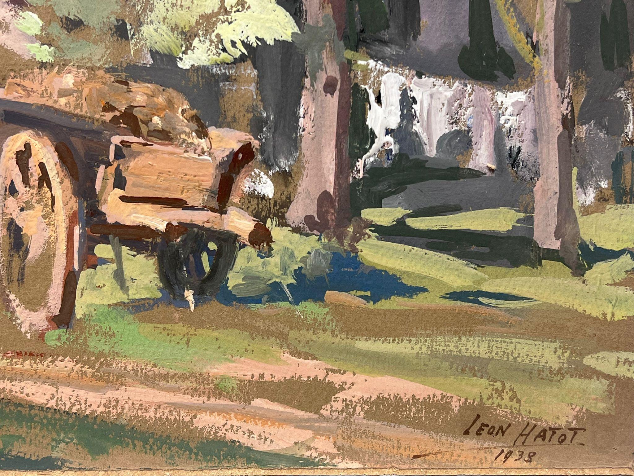 Peinture à l'huile française vintage HAY Kart Outside Country Home - Impressionnisme Painting par Leon Hatot