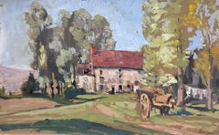 Antique French Oil Painting Hay Kart Outside Country Home