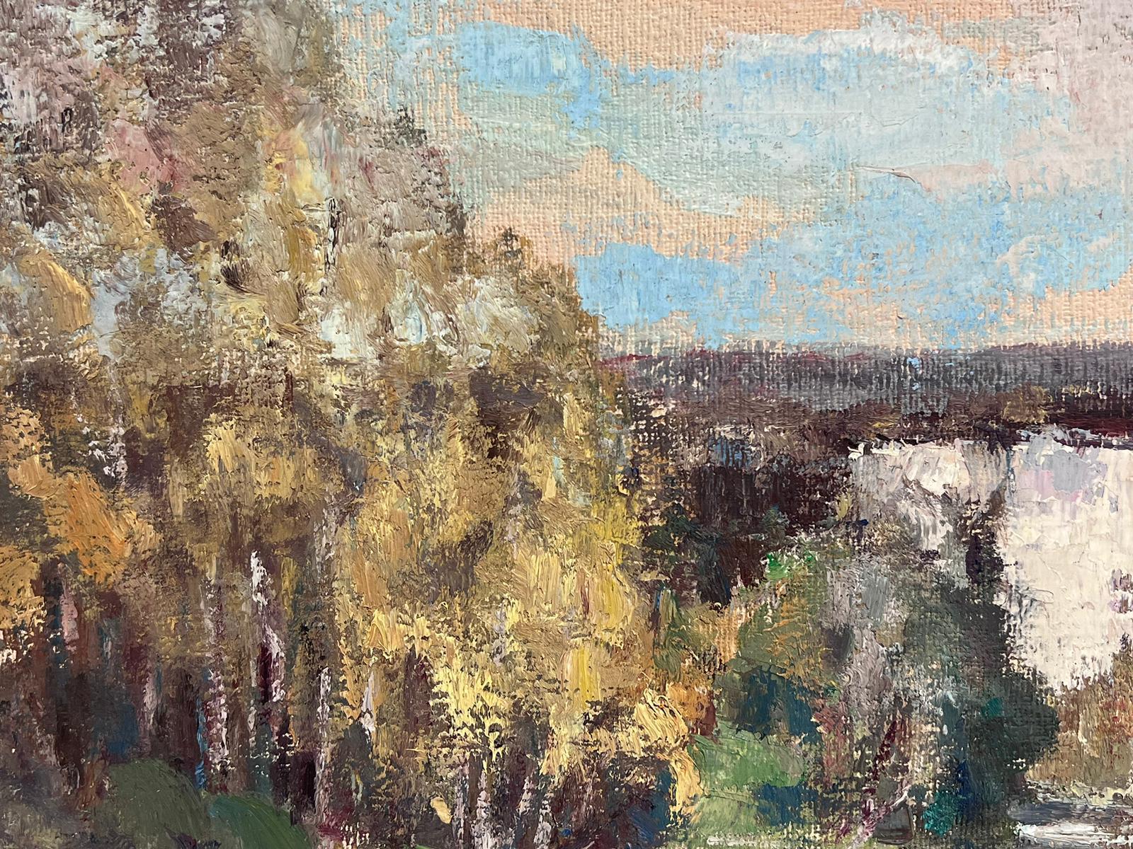 Peinture à l'huile française vintage, paysage de montagne et de rivière réfléchissante  - Impressionnisme Painting par Leon Hatot
