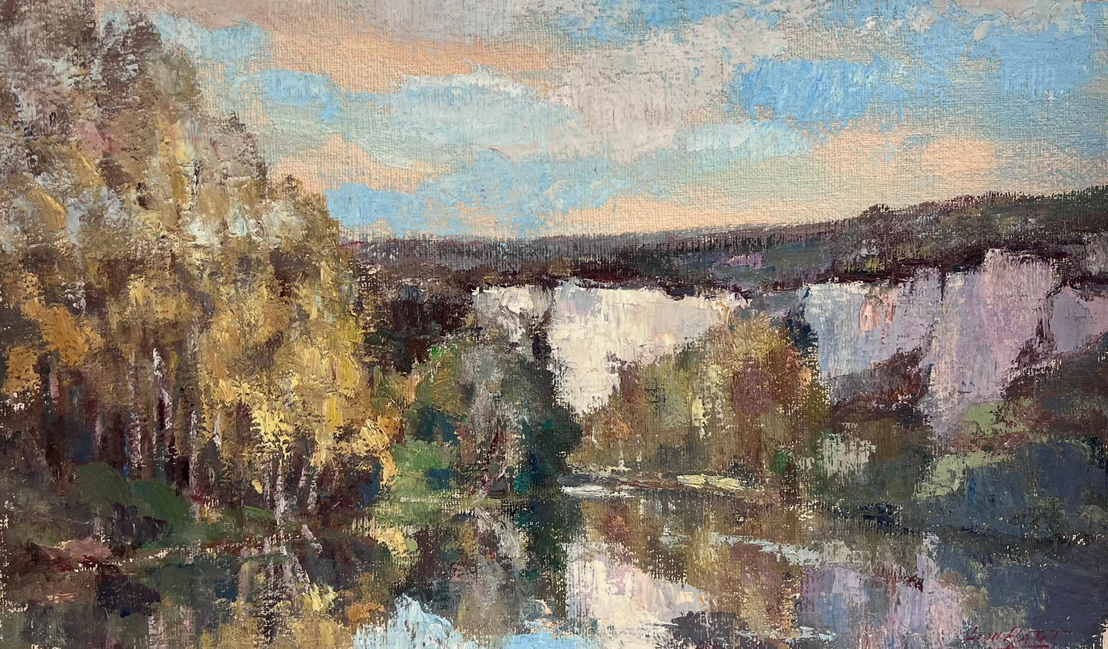 Landscape Painting Leon Hatot - Peinture à l'huile française vintage, paysage de montagne et de rivière réfléchissante 
