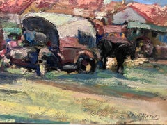 1930's French Impressionist Signed Oil Figures Crowded Market Summer Skies